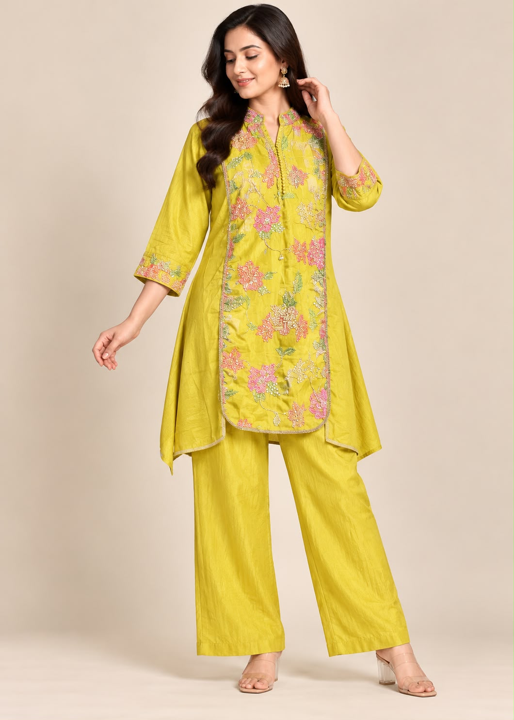 Yellow Silk Kurta & Trouser Set with Heavy Floral Sequins & Beadwork