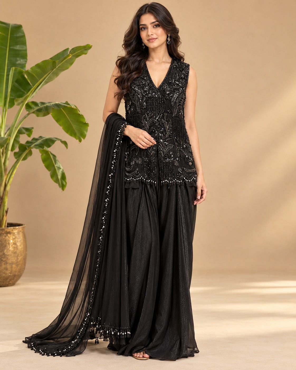 Embellished Black Peplum Sharara Suit Set