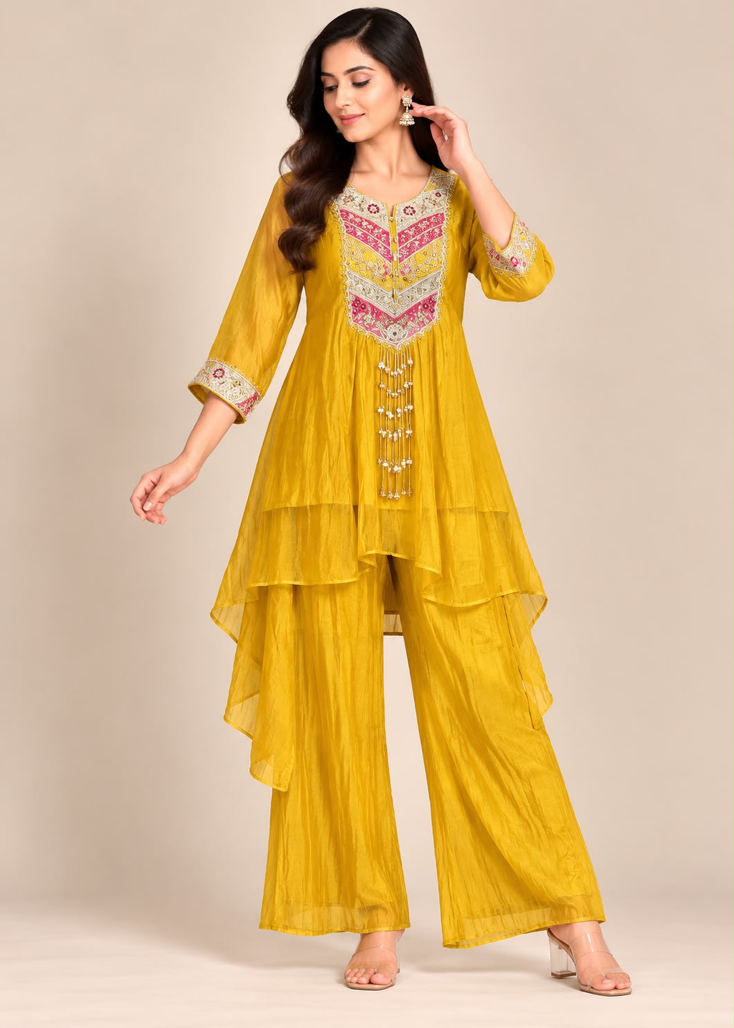 Yellow Layered Tunic & Trouser Set with Ornate Chevron Embroidery & Tassels