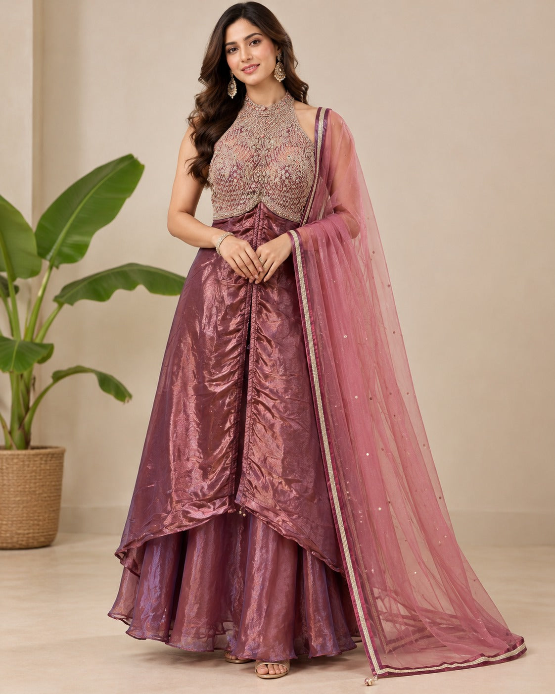 Embroidered Mauve Halter Neck Lehenga Set