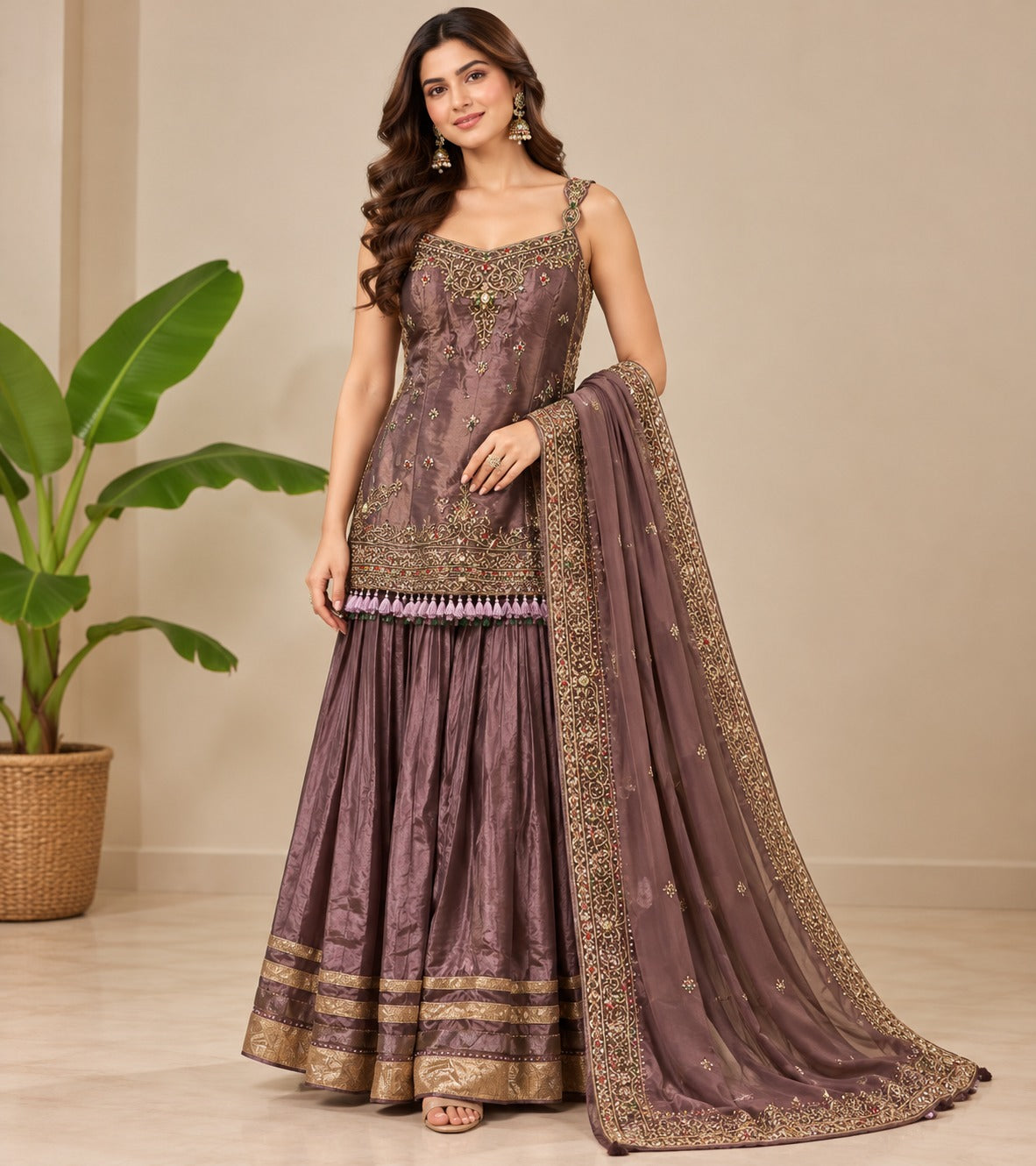 Embroidered Taupe Mauve Sharara Suit Set