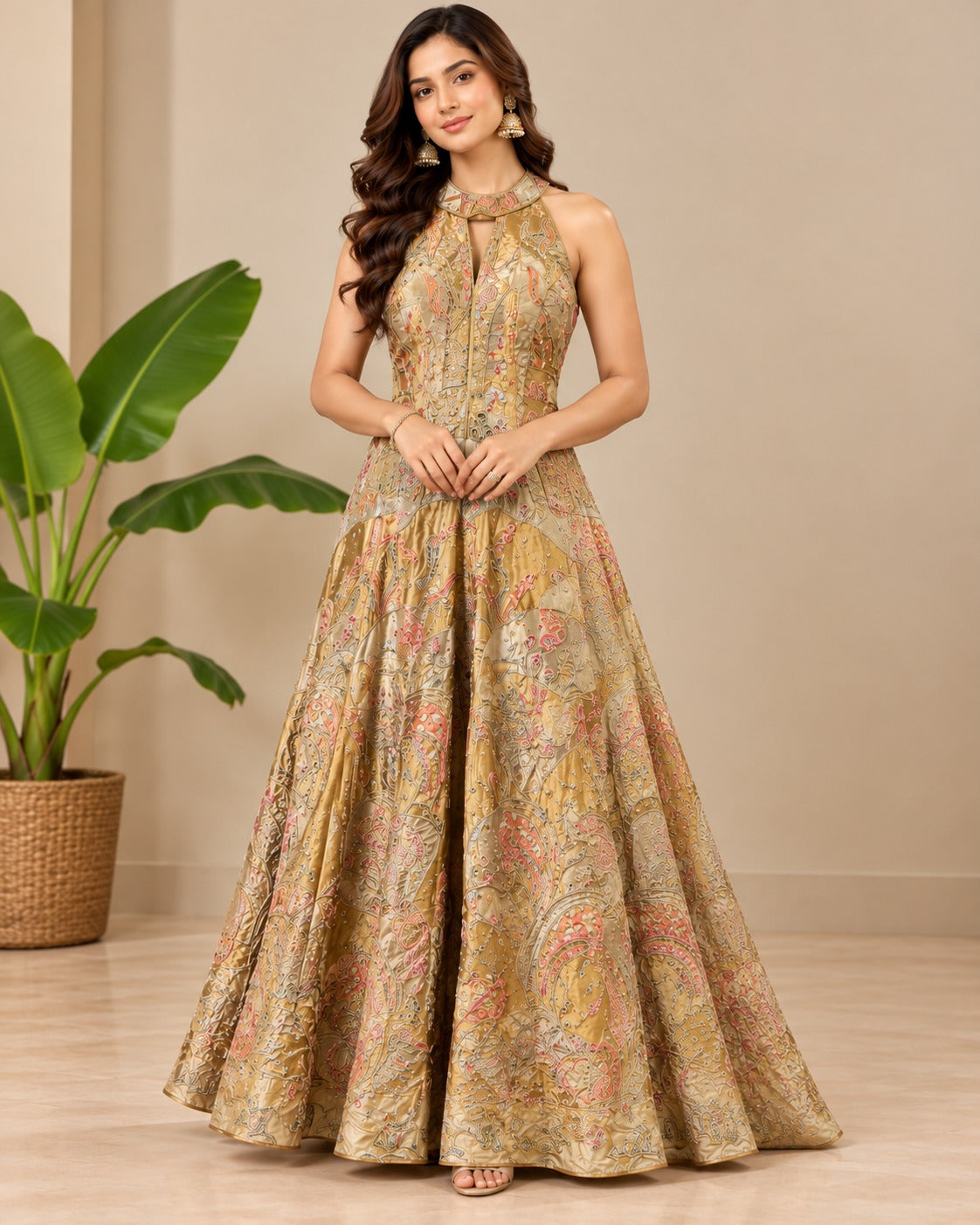 Embroidered Champagne Gold Jacquard Gown