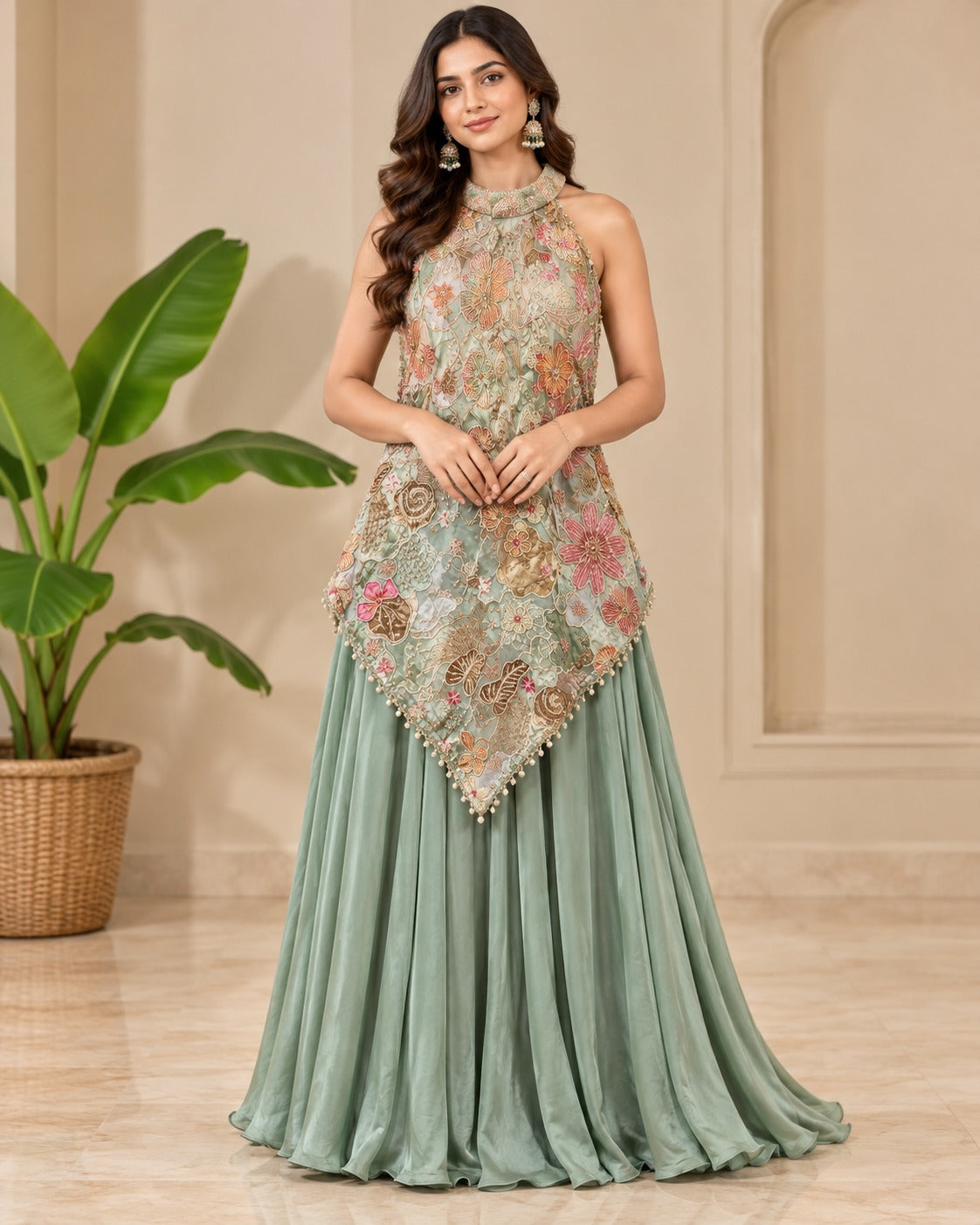 Embroidered Mint Green Halter Overlay Set