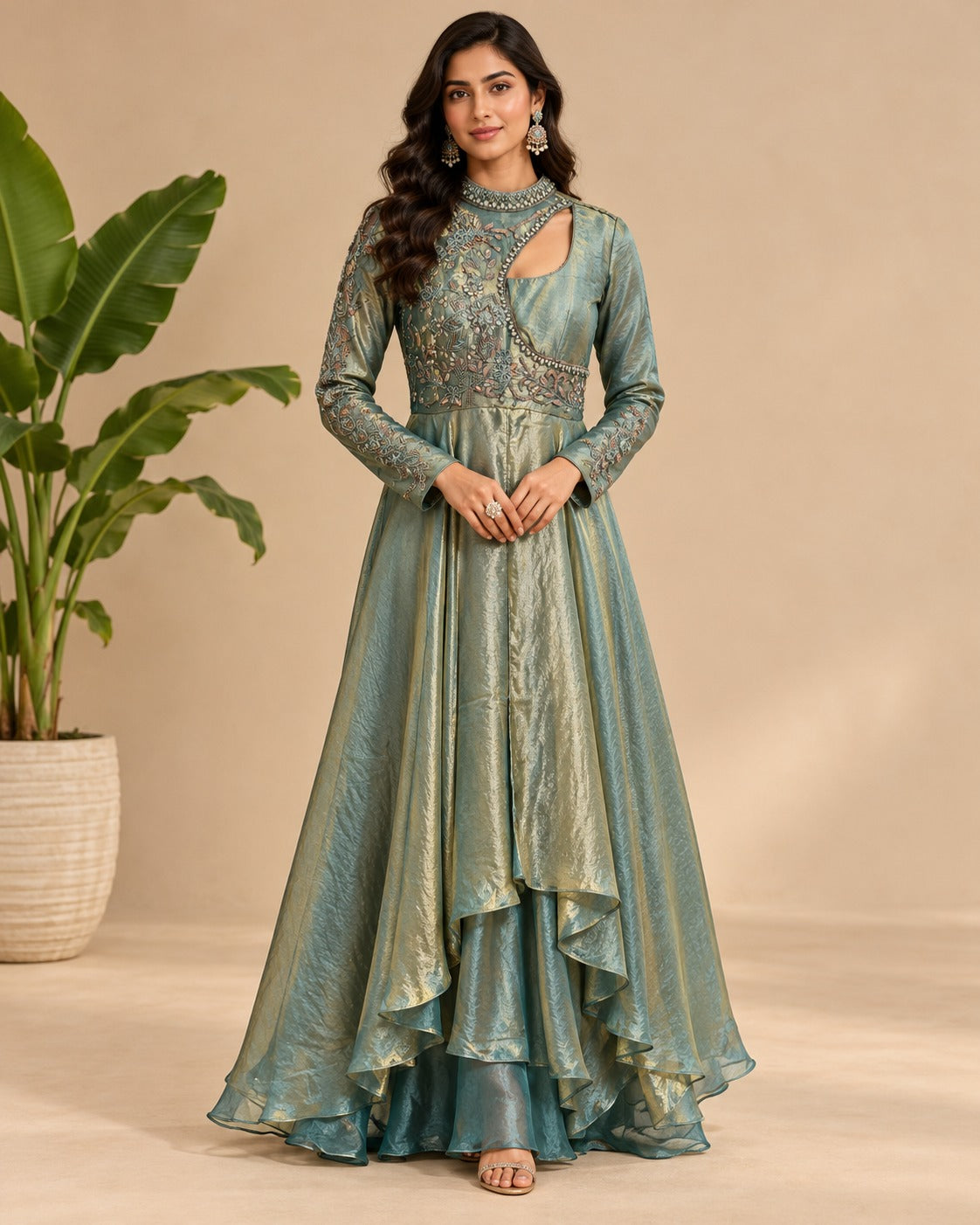 Embroidered Teal Green Asymmetrical Gown