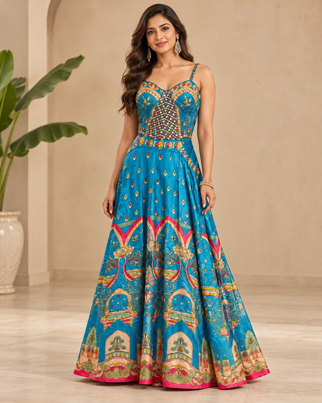 Embroidered Printed Blue Corset Gown
