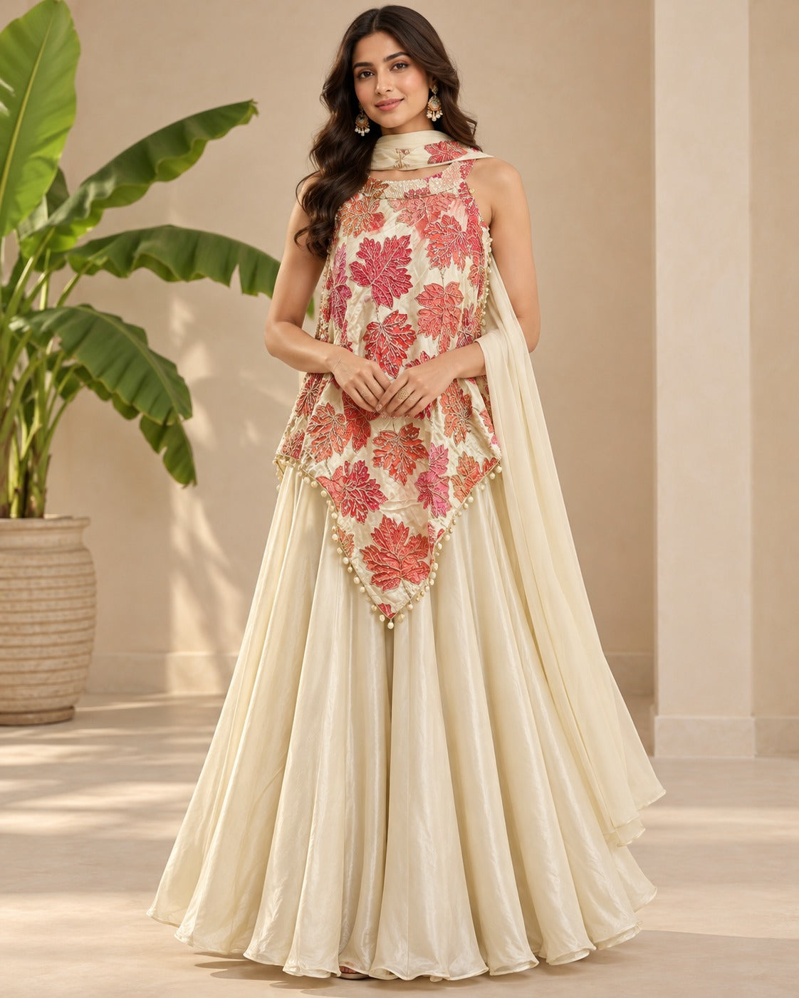 Embroidered Cream Pink Leaf Overlay Set