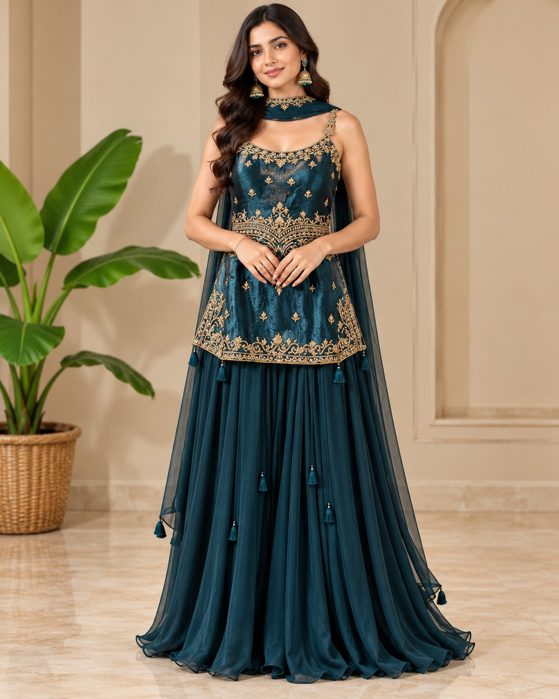 Embroidered Teal Blue Sharara Suit Set