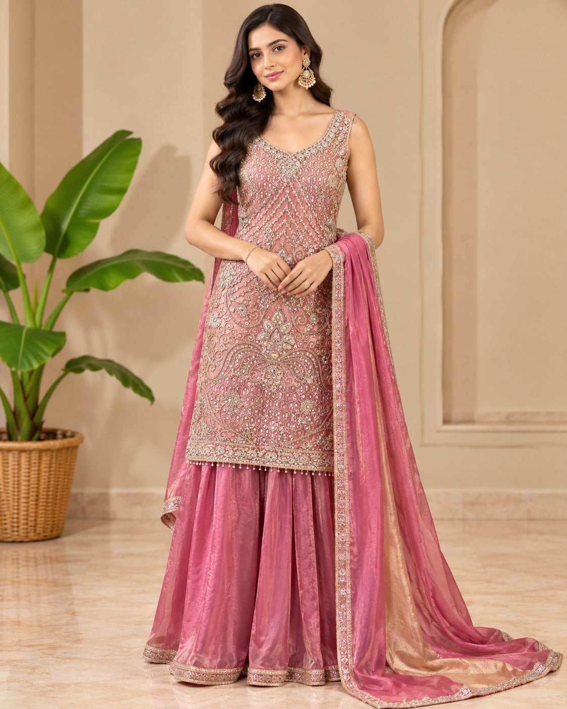 Heavy Embroidered Rose Pink Sharara Set