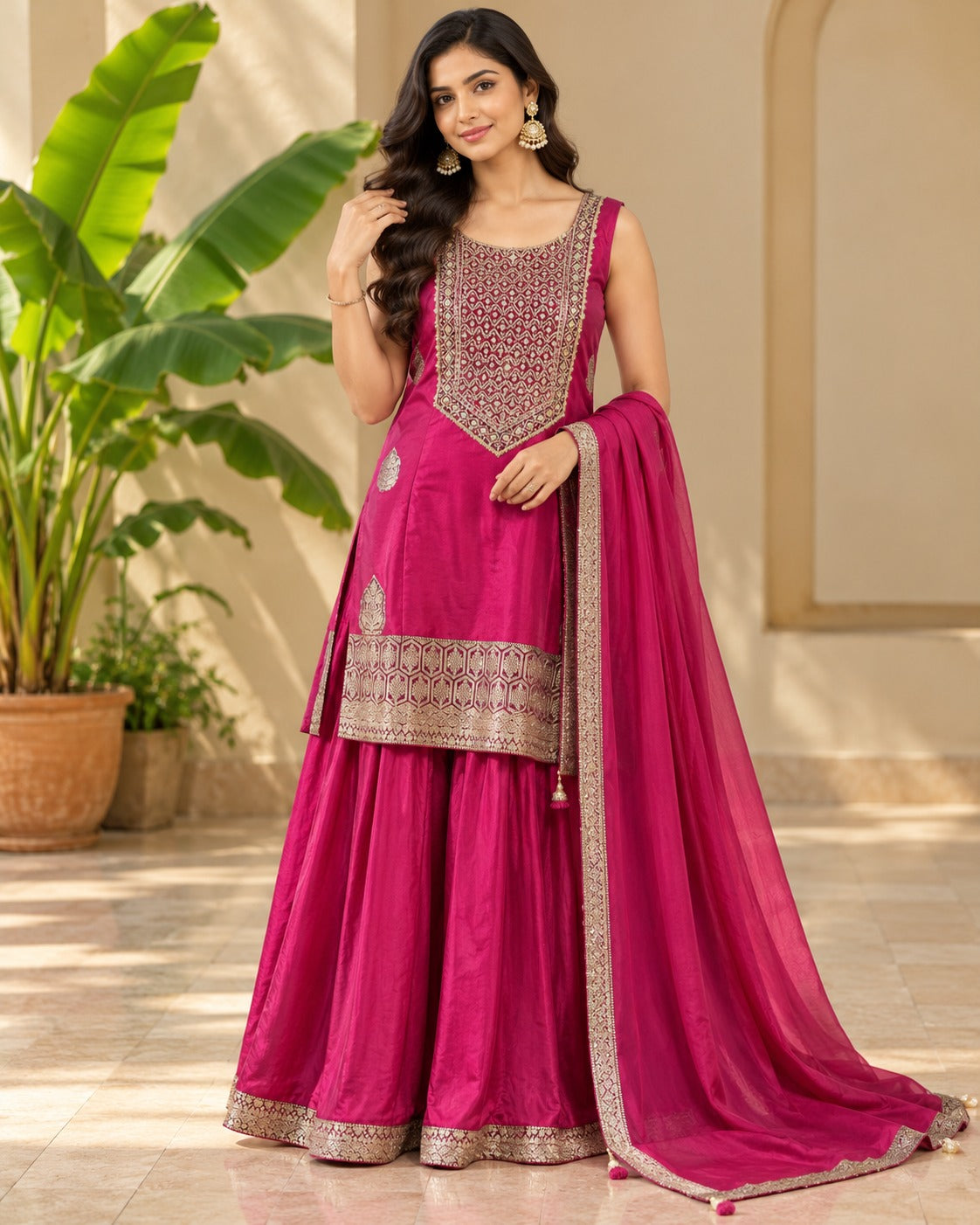 Embroidered Magenta Straight Sharara Suit Set