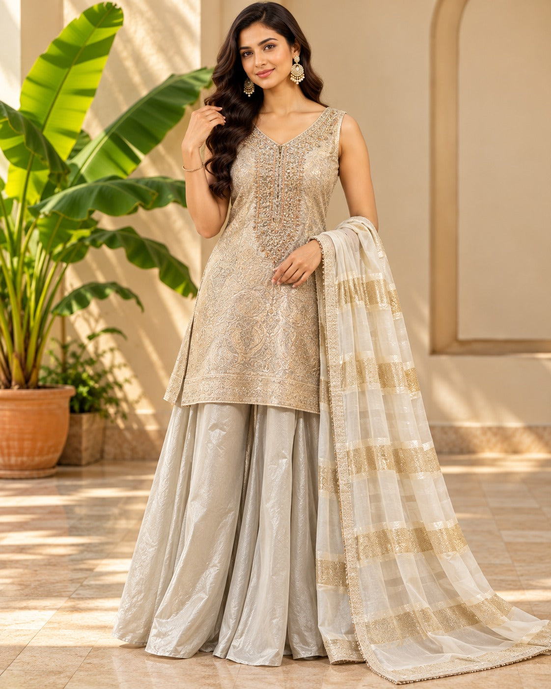 Embroidered Champagne Gold Sharara Suit Set Main image
