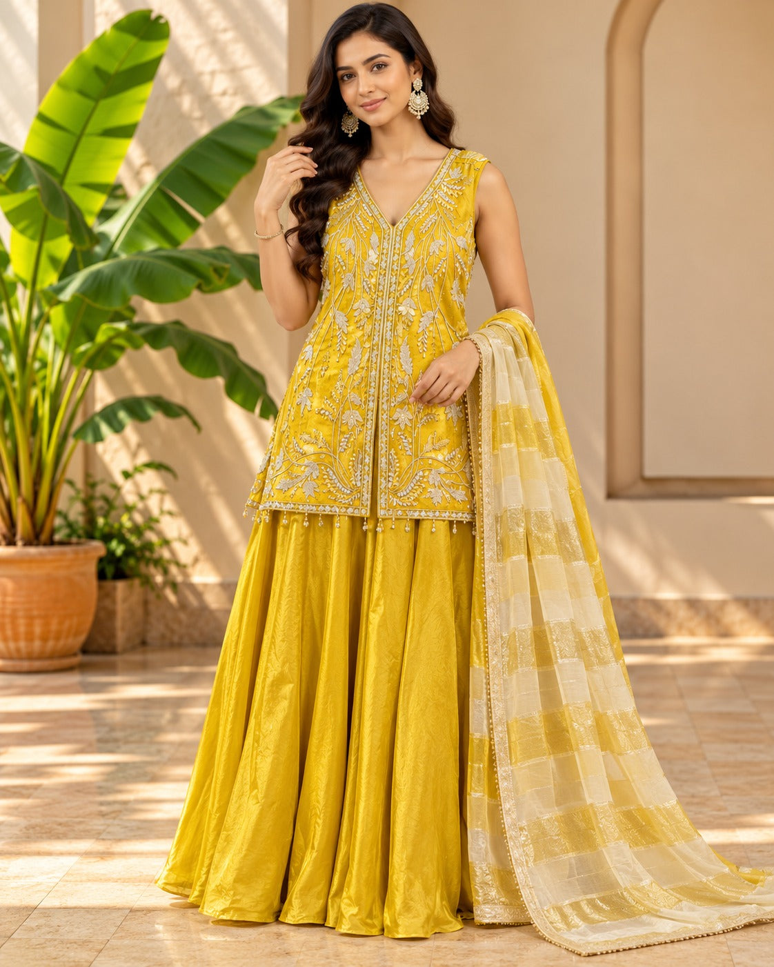 Embroidered Mustard Yellow Peplum Sharara Set