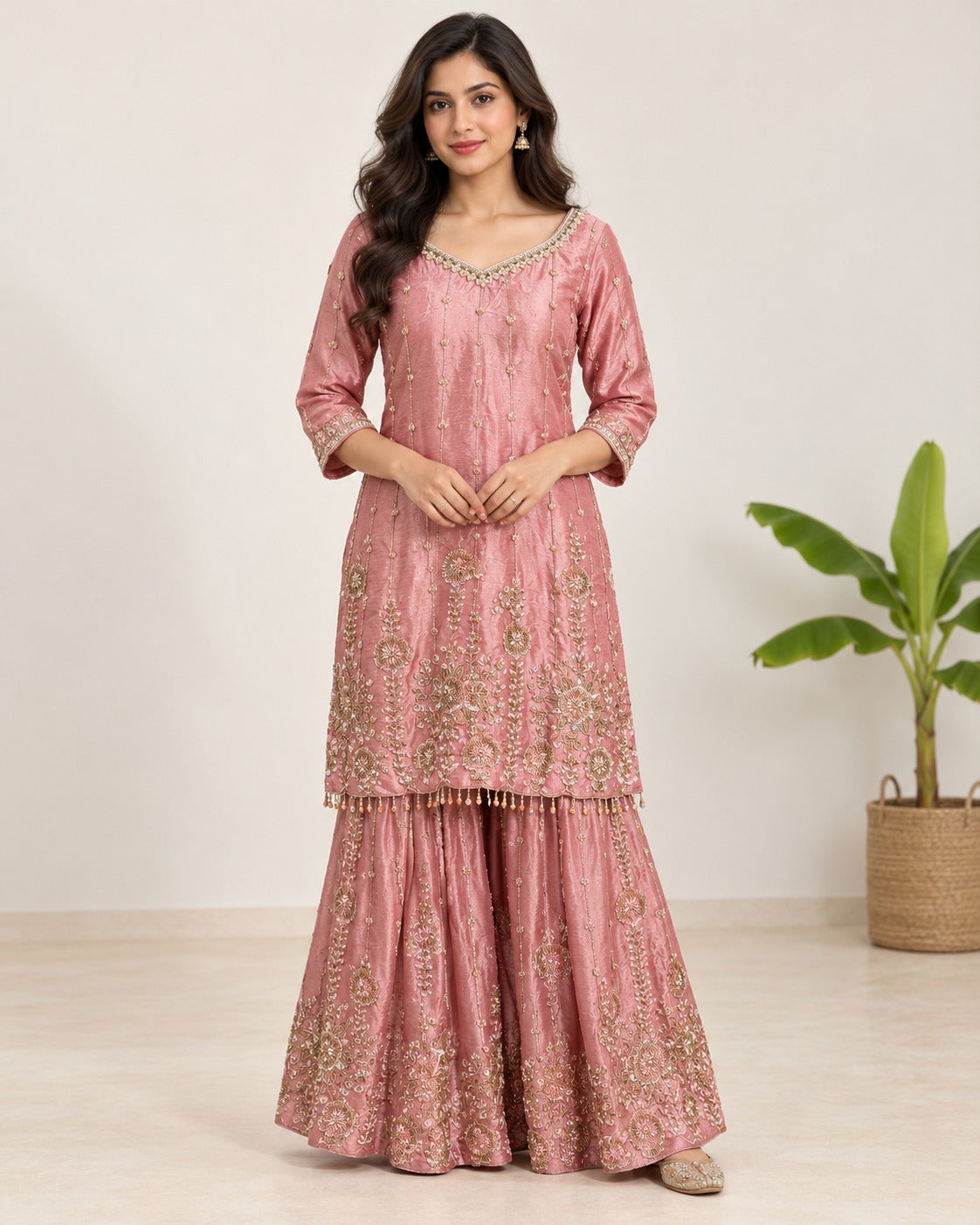 Embroidered Blush Pink Sharara Suit Set