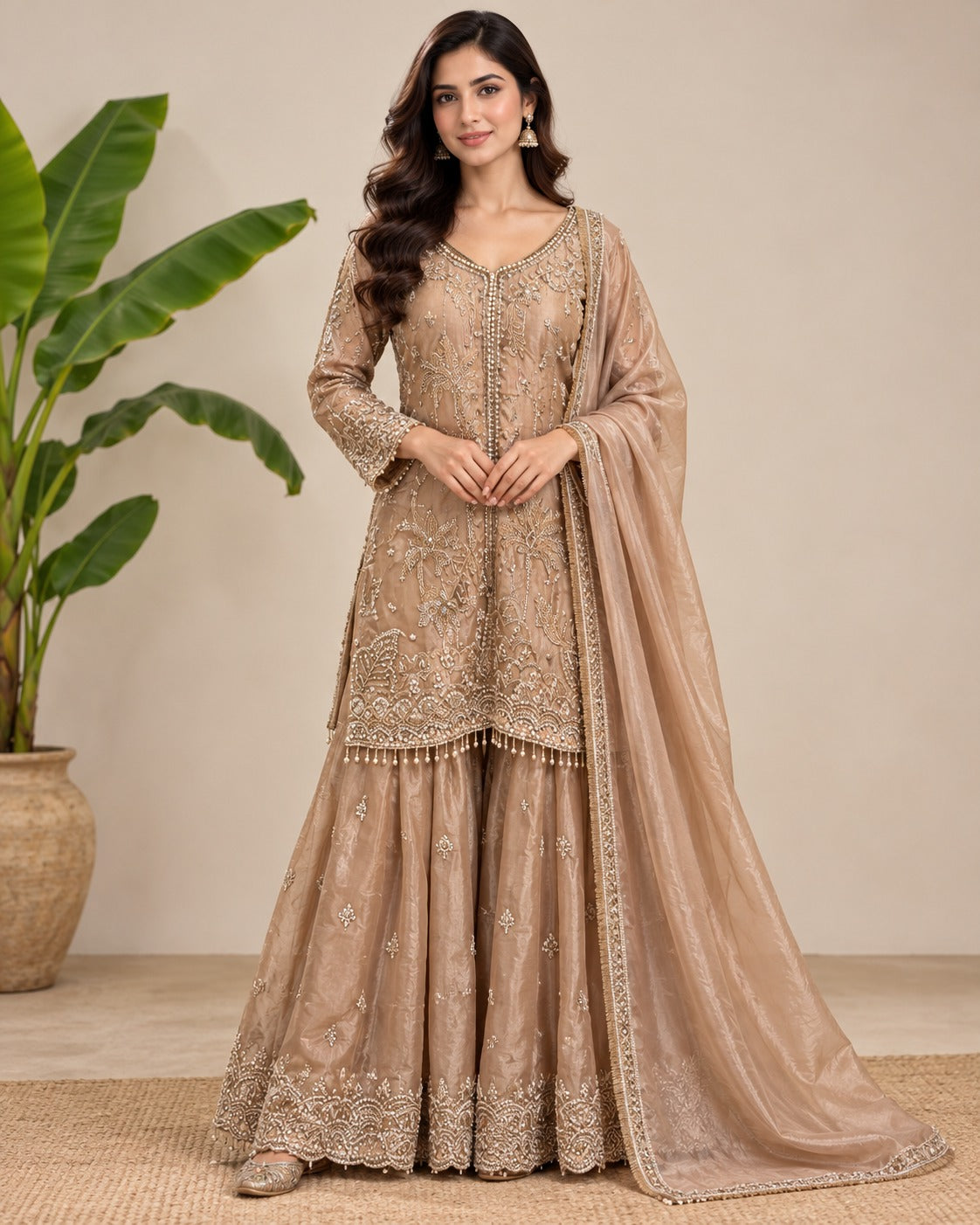 Embroidered Beige Gold Sharara Suit Set