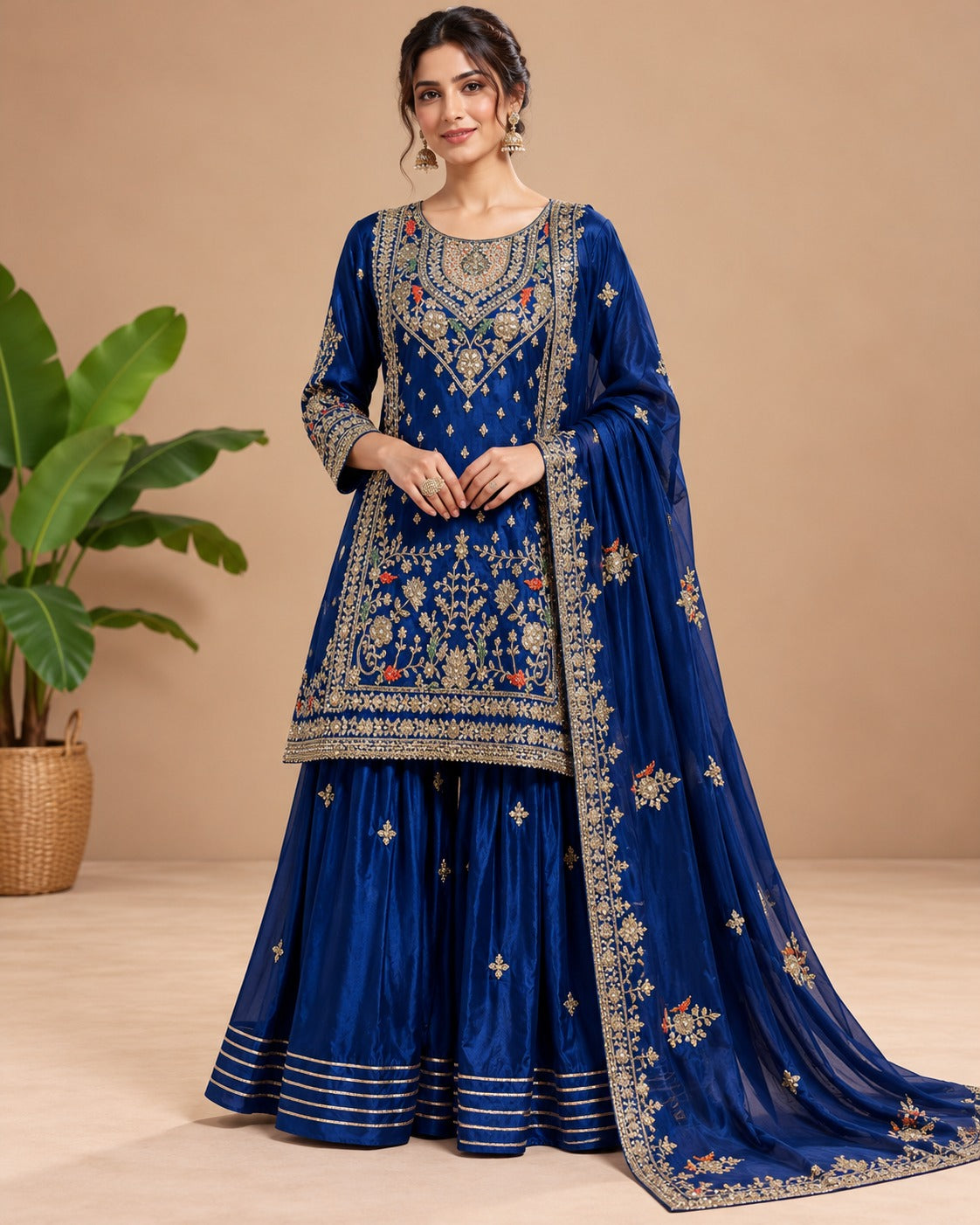 Embroidered Royal Blue Sharara Suit Set