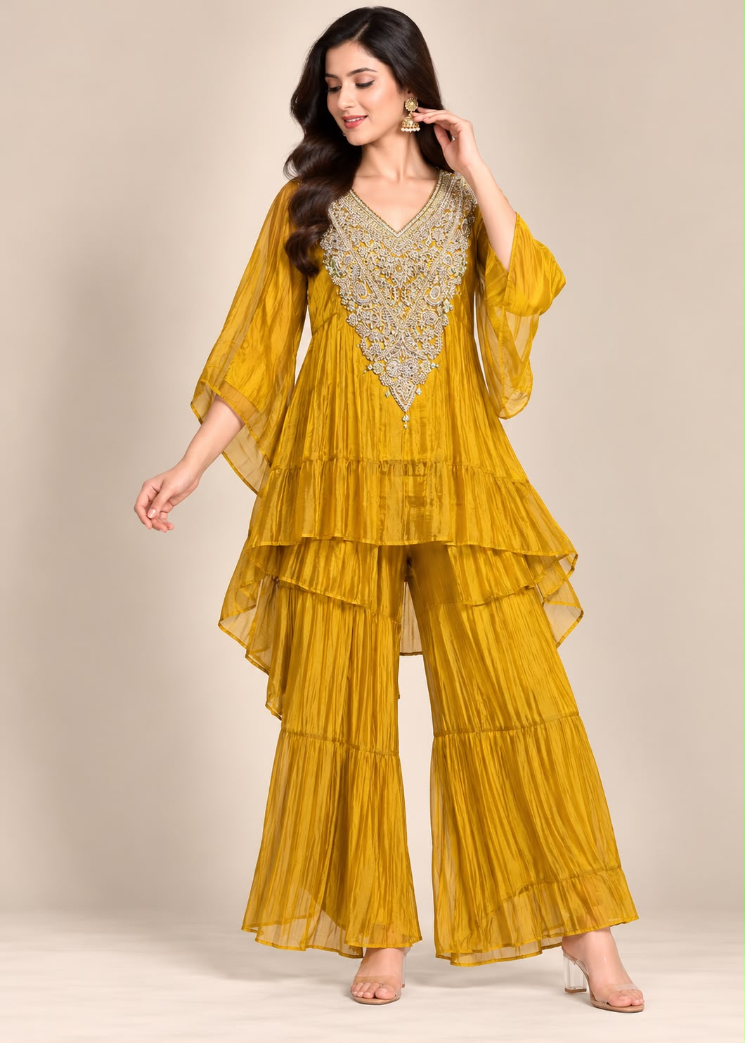 Mustard Yellow Layered Peplum Kurta & Ruffled Palazzo Set with Heavy Zardozi Yoke