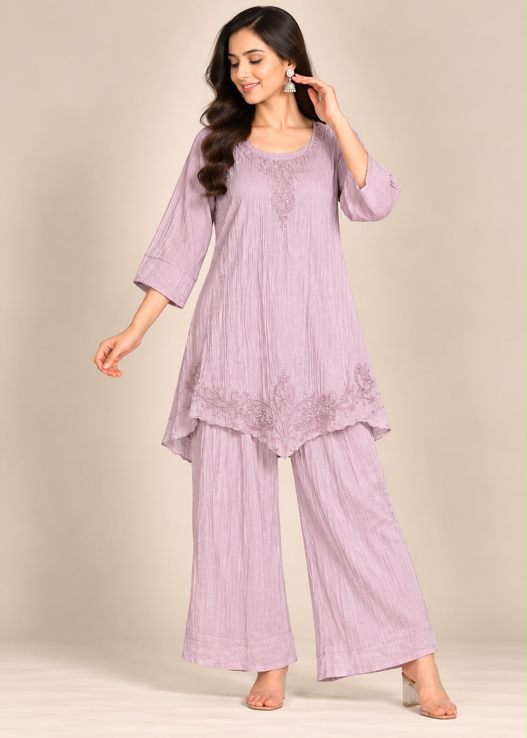 Mauve Pink Crinkled Tunic & Wide-Leg Trouser Set with Sequin Embroidery