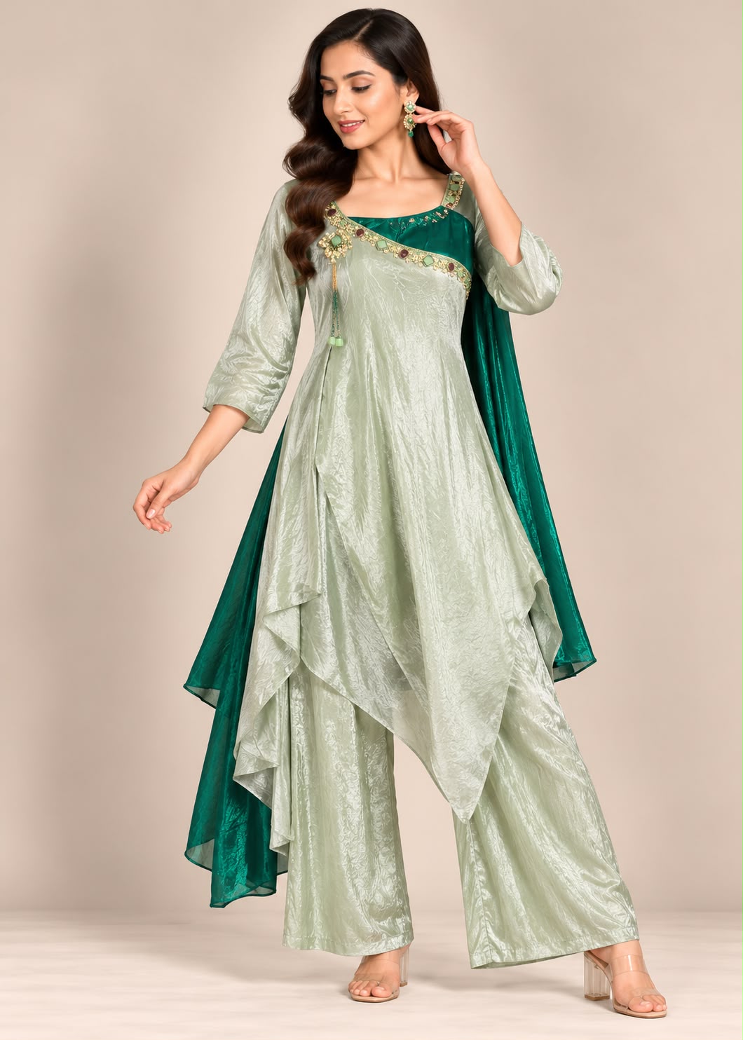 Sage Green Asymmetric Draped Tunic & Trouser Set with Gemstone Embellishment