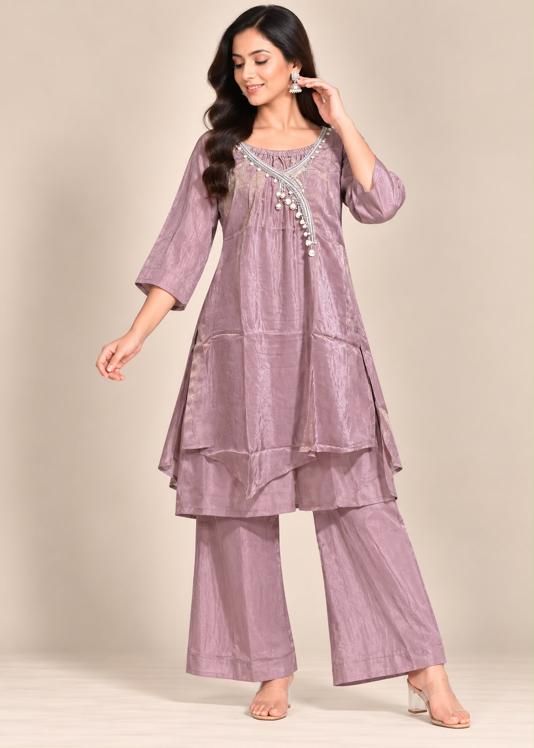 Mauve Pink Layered Tunic & Trouser Set with Diagonal Silver Embellishment
