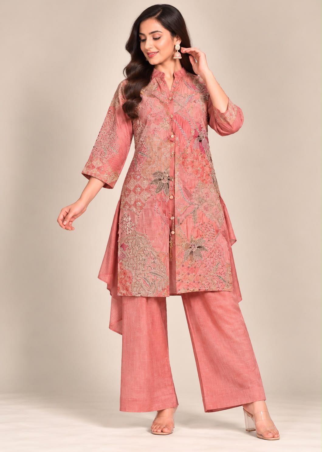 Peach Embroidered Patchwork-Print Tunic & Trouser Set