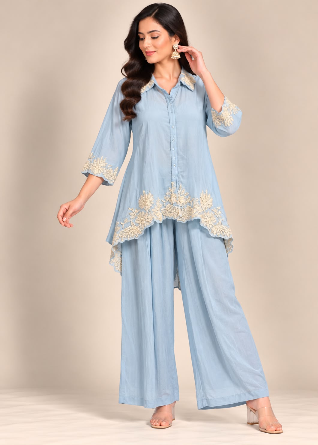Light Blue Shirt & Wide-Leg Trouser Set with White Floral Embroidery