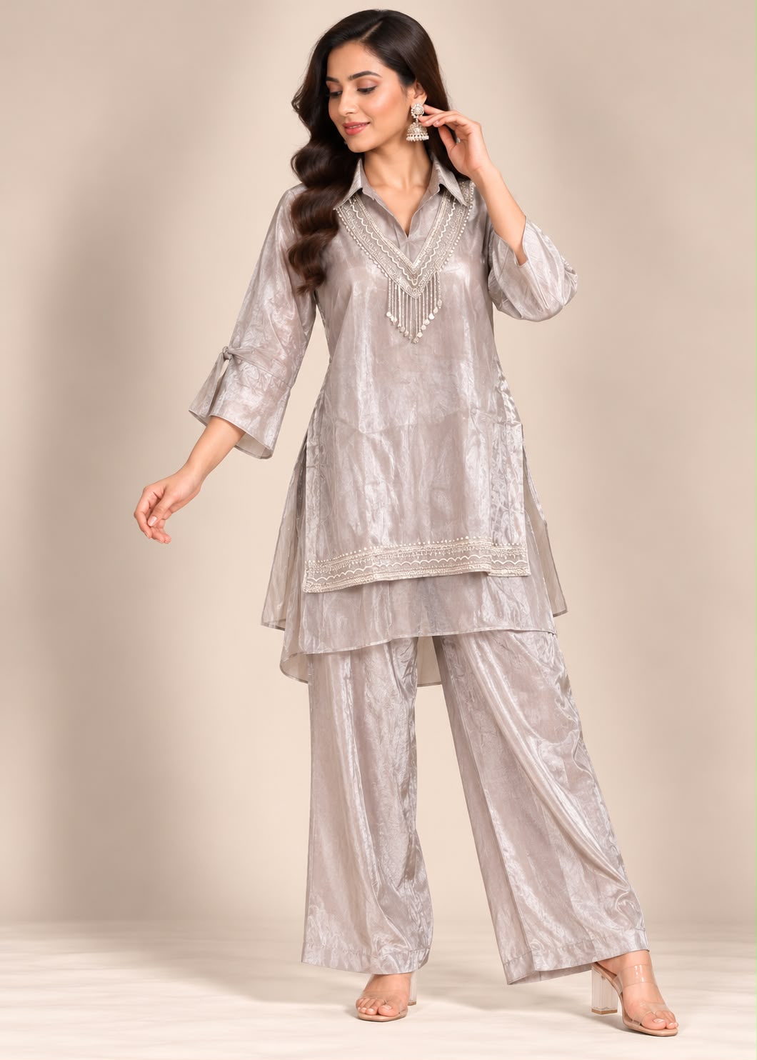 Glossy Silver-Grey Tunic & Trouser Set with Beaded Fringe Yoke