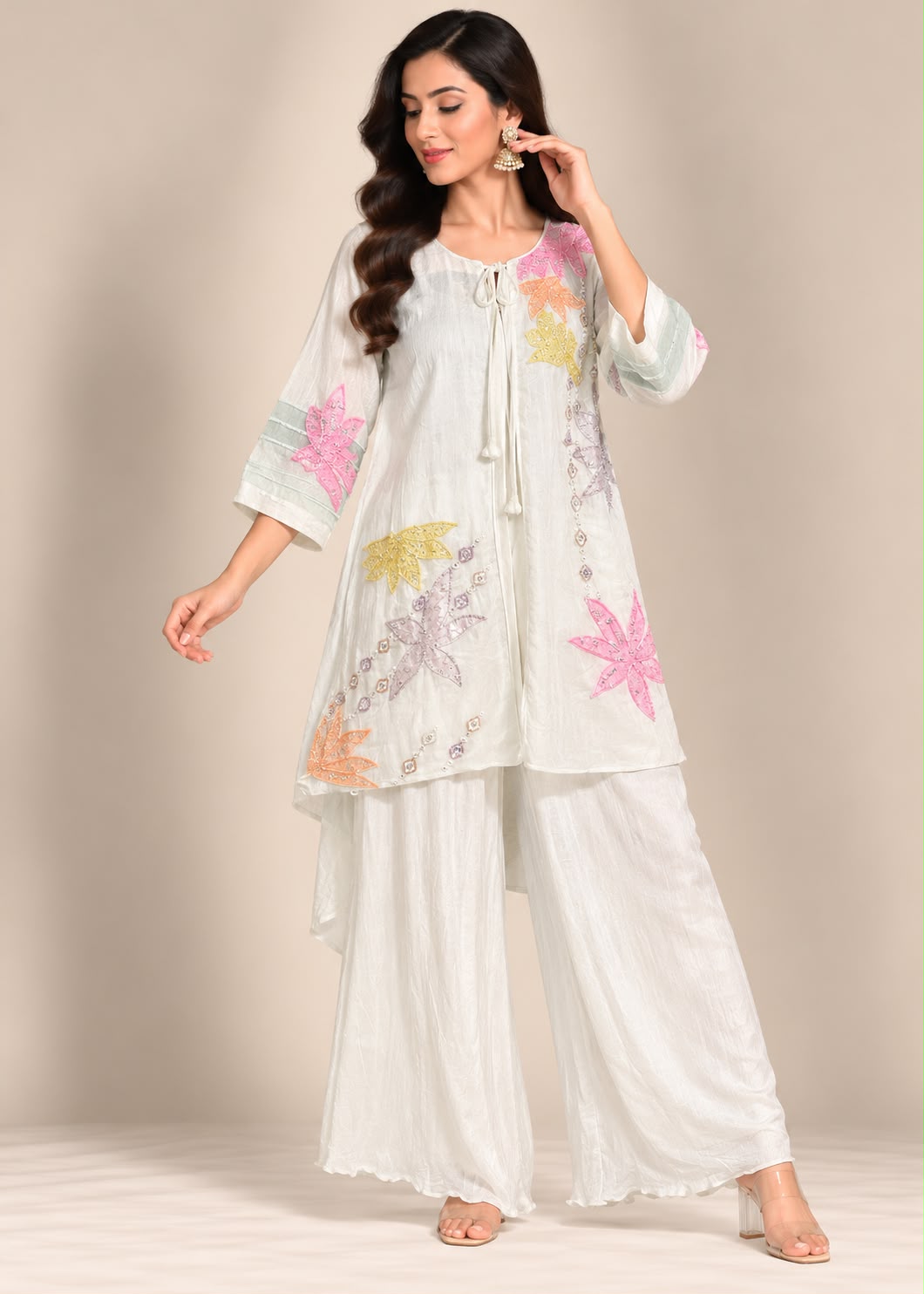 White & Multi-Colored Floral Embroidered Jacket-Style Tunic & Trouser Set