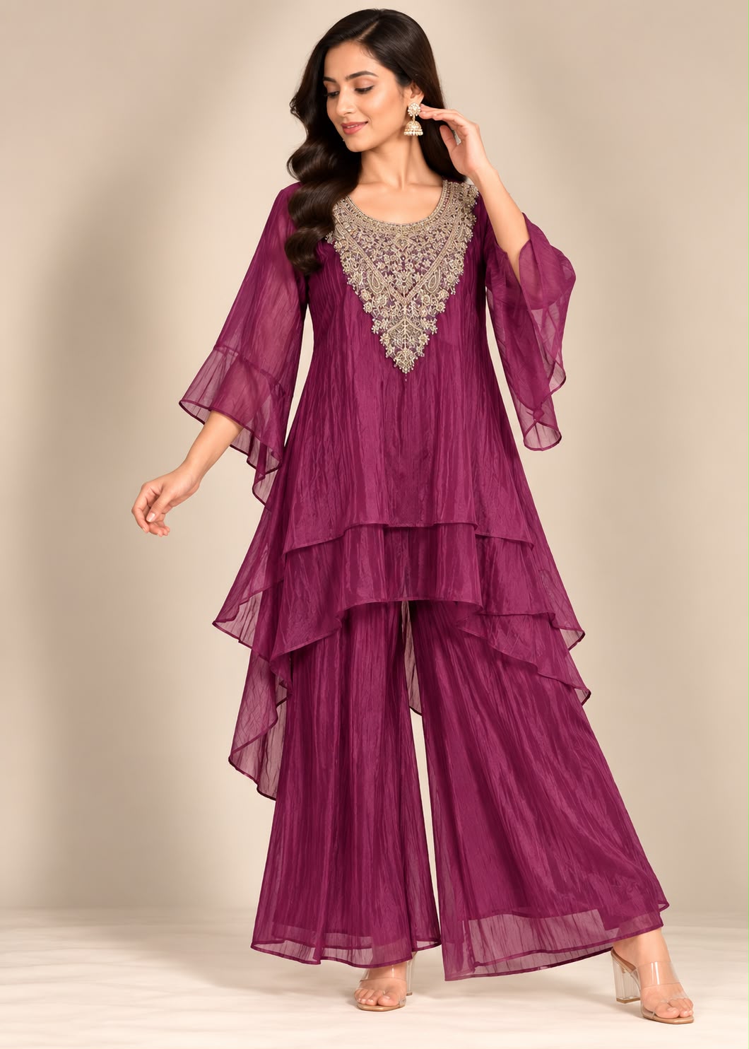Wine Purple Layered Peplum Tunic & Ruffled Palazzo Set with Heavy Zardozi Yoke Main image