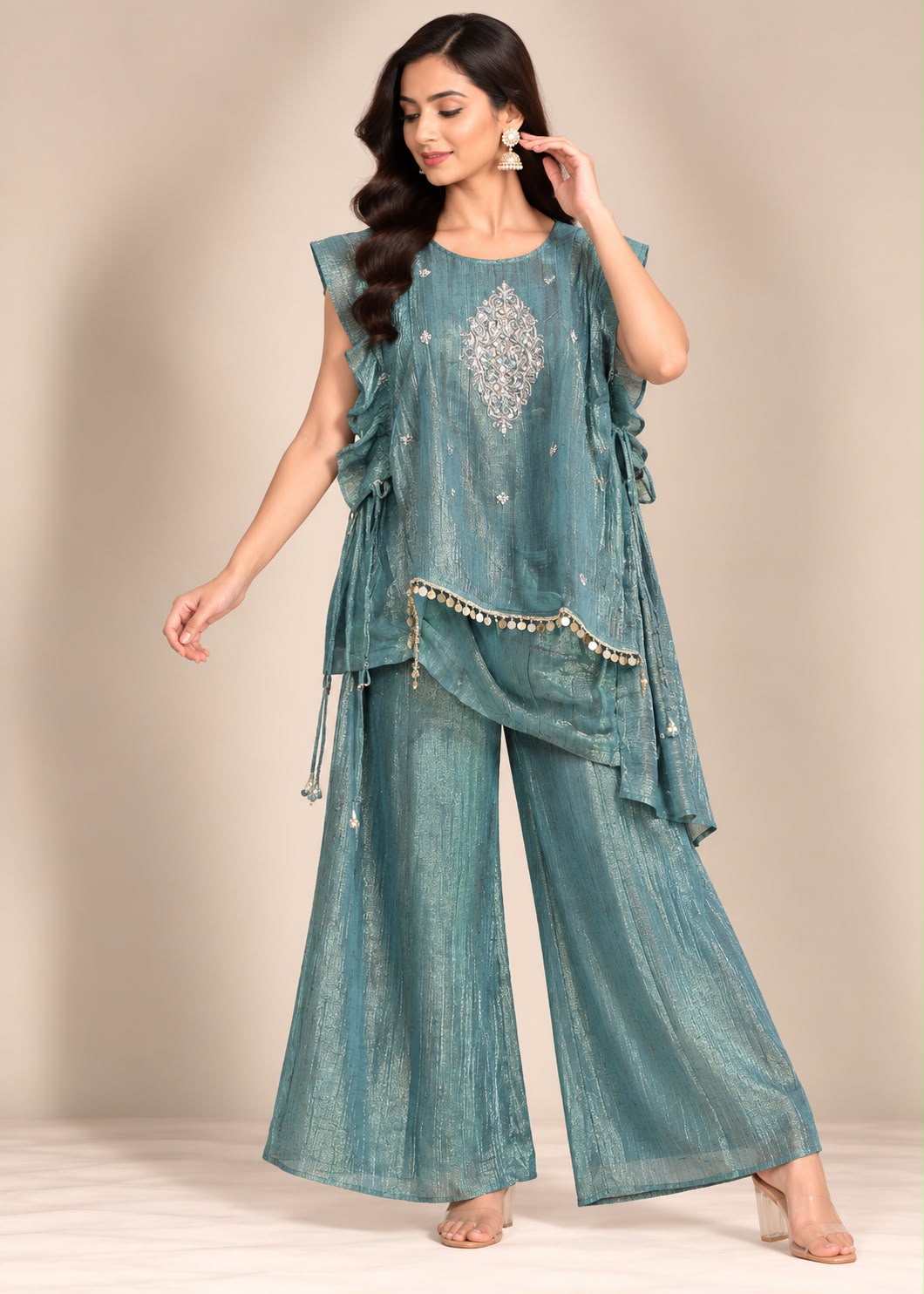 Teal Blue Metallic Layered Tunic & Trouser Set with Coin Trim & Zardozi Yoke