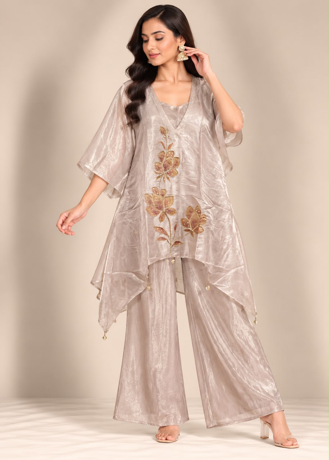 Champagne Chiku Asymmetric Tunic & Trouser Set with Cascading Floral Embroidery
