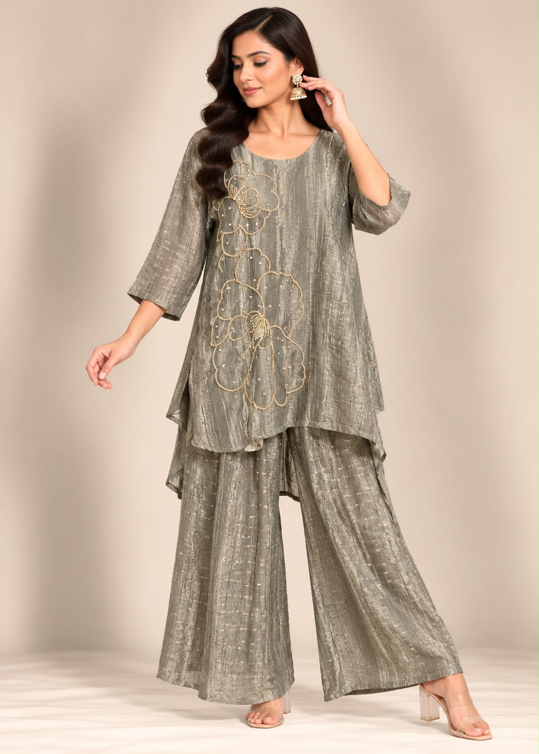 Sage Grey Shimmer Tunic & Trouser Set with Cascading Beaded Floral Embroidery