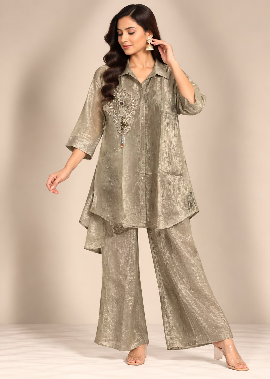 Sage Grey Shimmer Tunic &Trouser Set