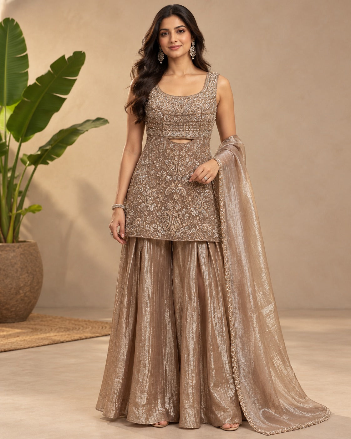 Embroidered Taupe Brown Sharara Suit Set Main image