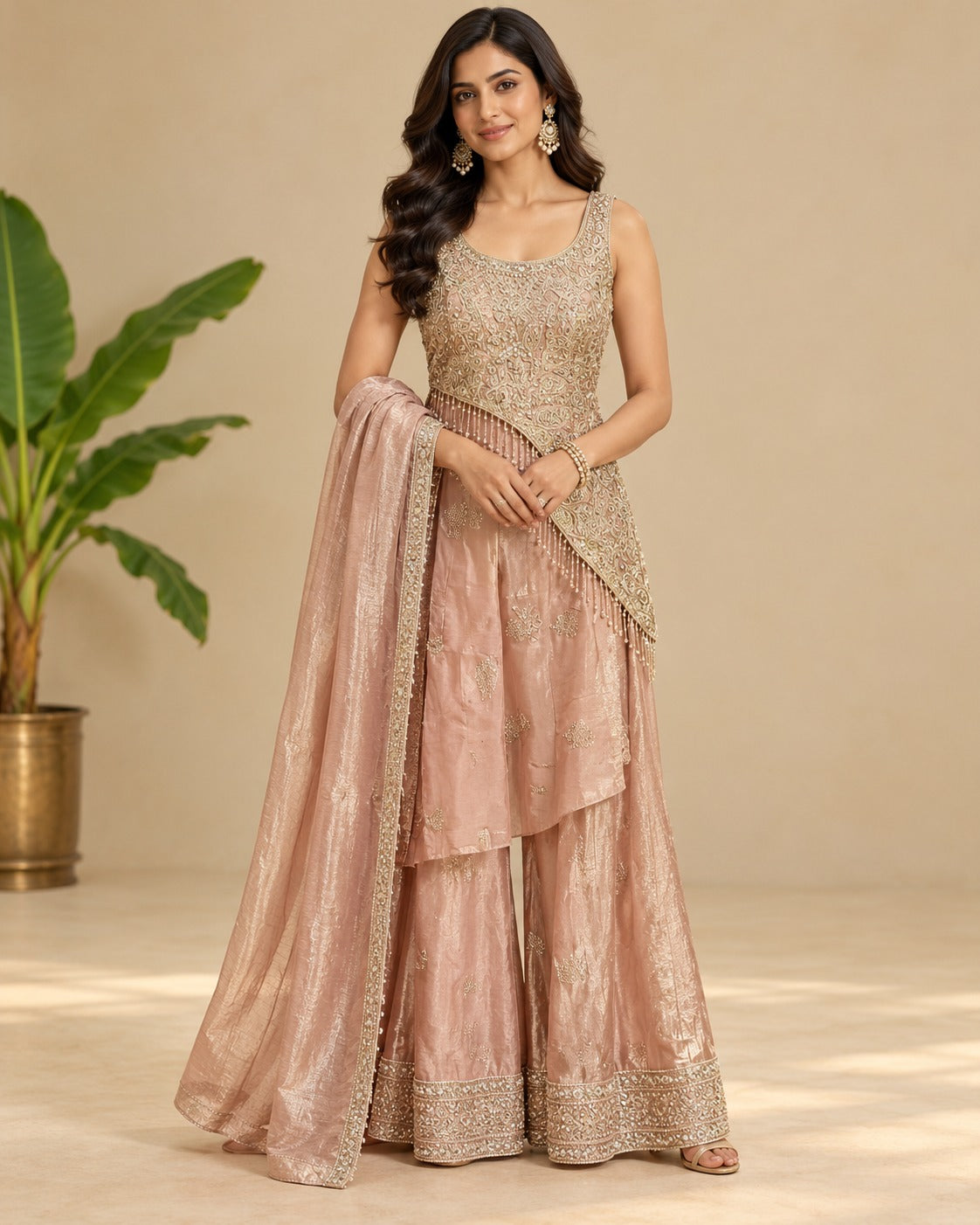 Embroidered Rose Gold Asymmetrical Sharara Set