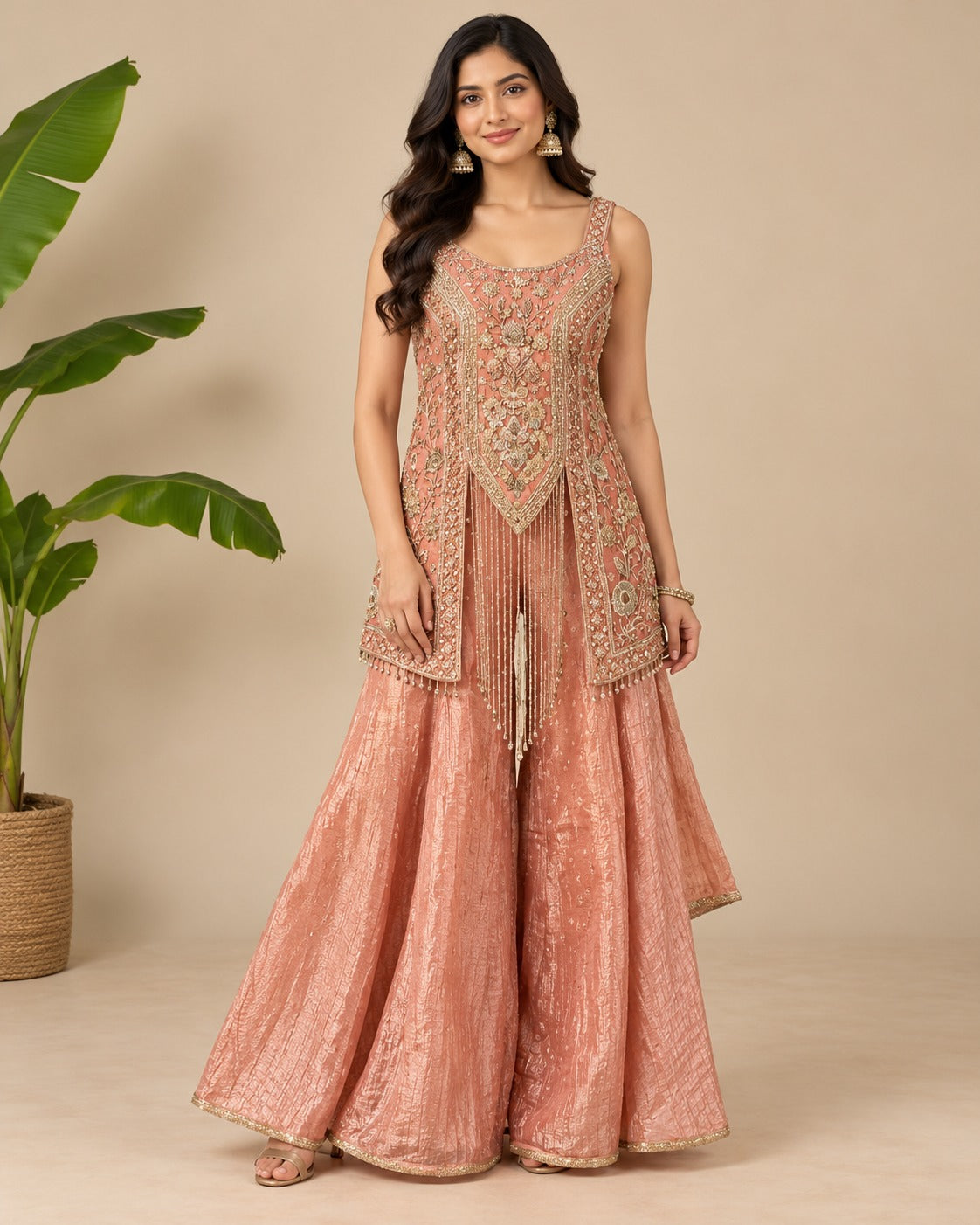 Embroidered Peach Pink Front-Slit Sharara Set