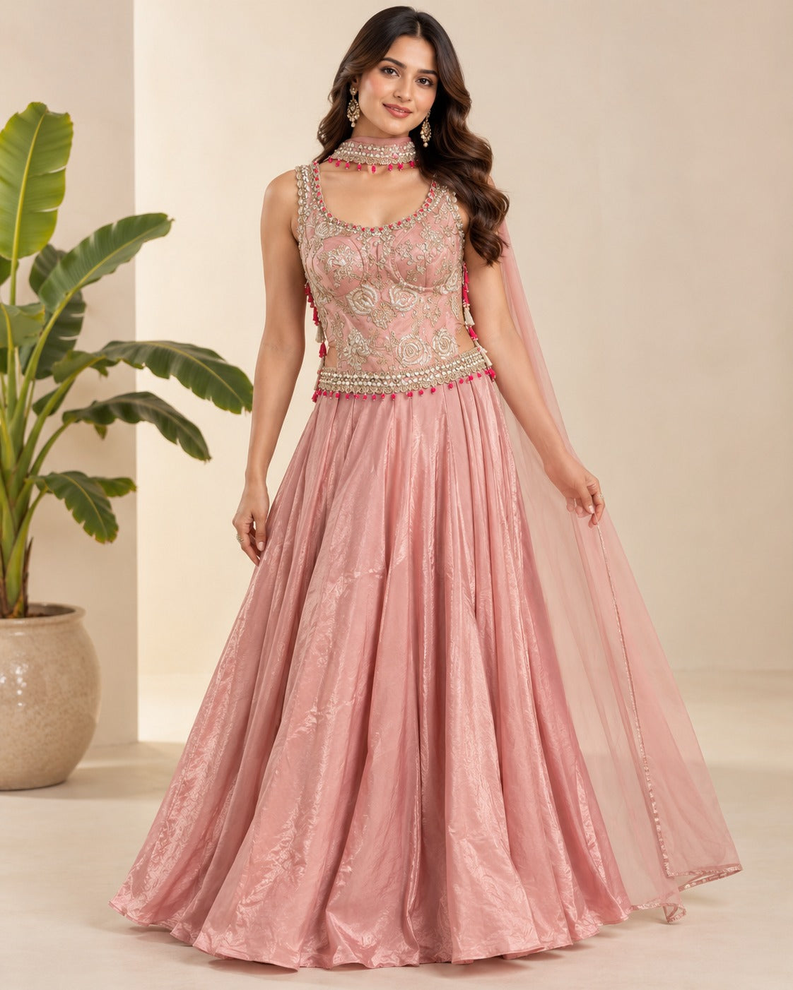 Embroidered Rose Pink Corset Lehenga Set