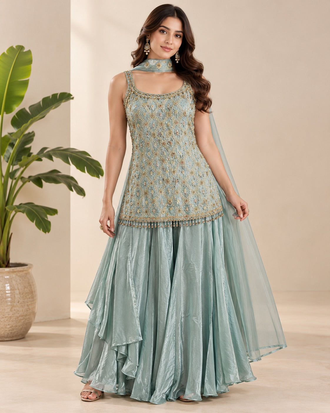 Embroidered Sage Green Straight Sharara Set