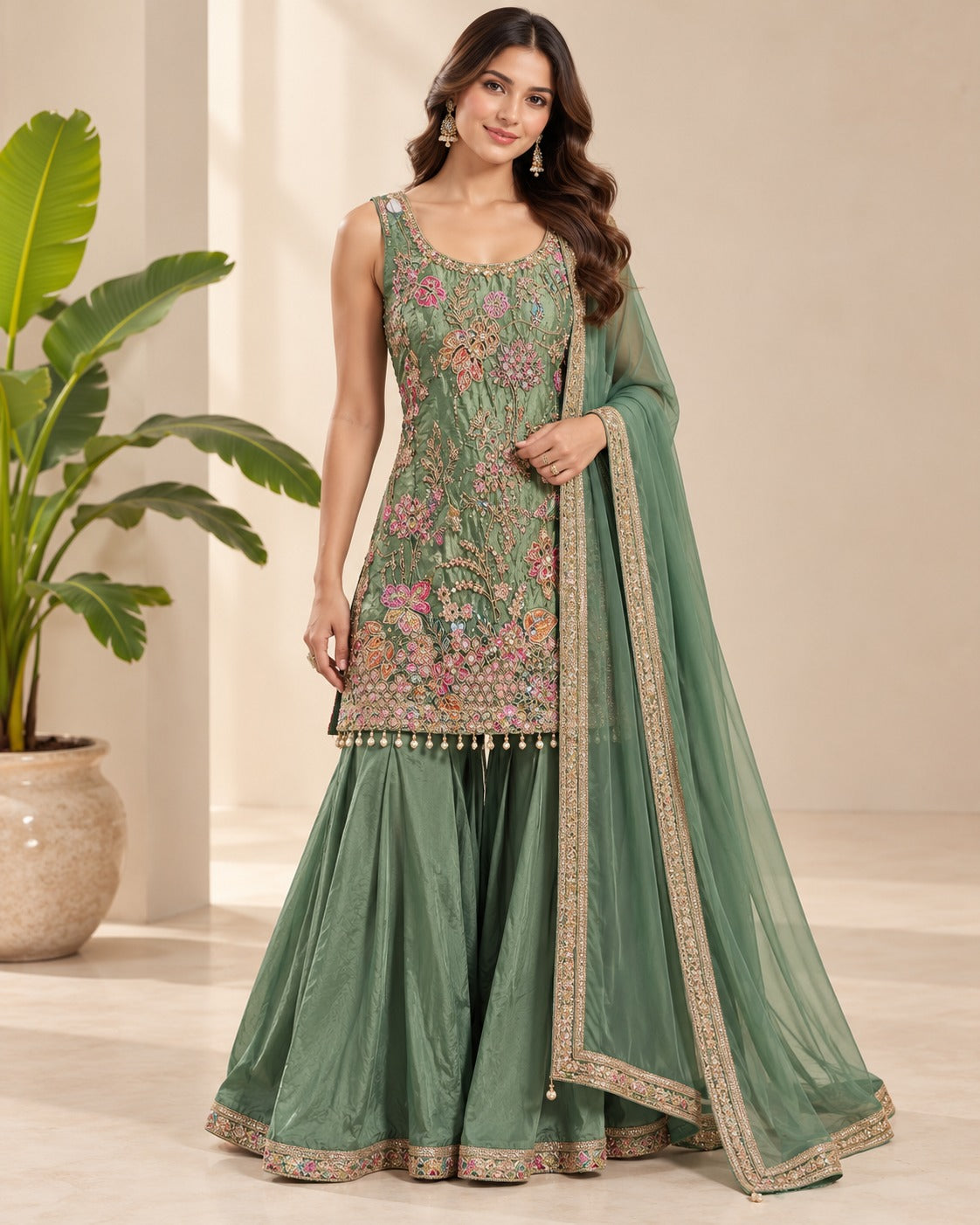 Floral Embroidered Sage Green Sharara Set