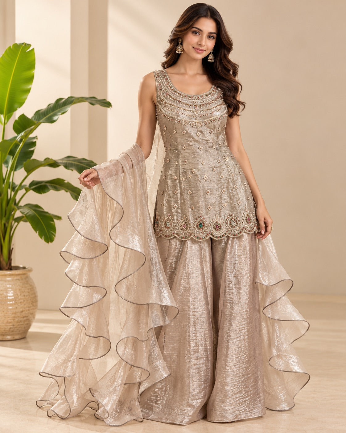Embroidered Taupe Mauve Peplum Sharara Set Main image