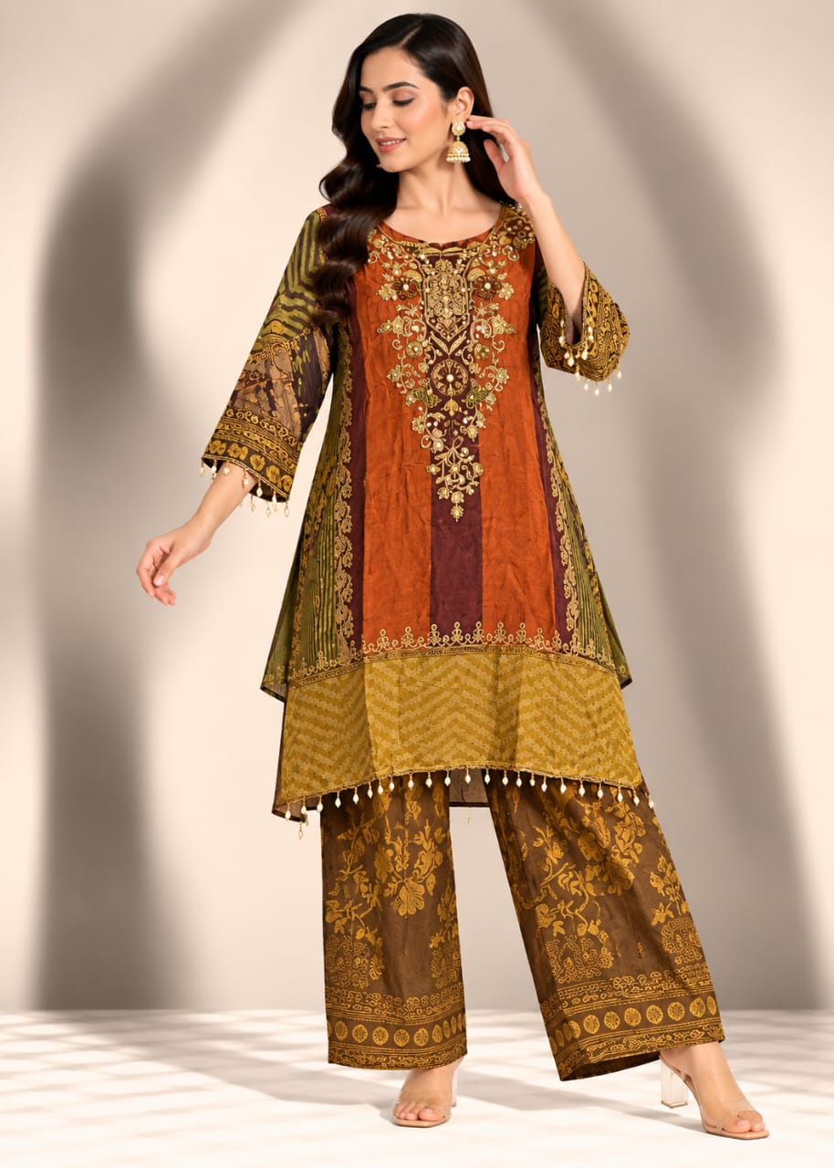 Rust Orange & Olive Green Printed Tunic & Trouser Set with Zardozi Yoke