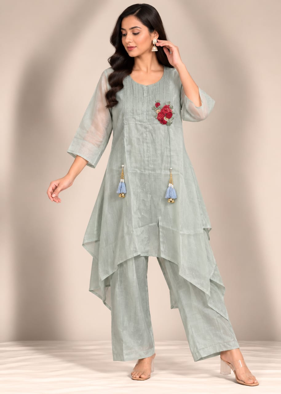 Sage Green Pleated Asymmetric Tunic & Trouser Set with Red Floral Appliqué & Tassels