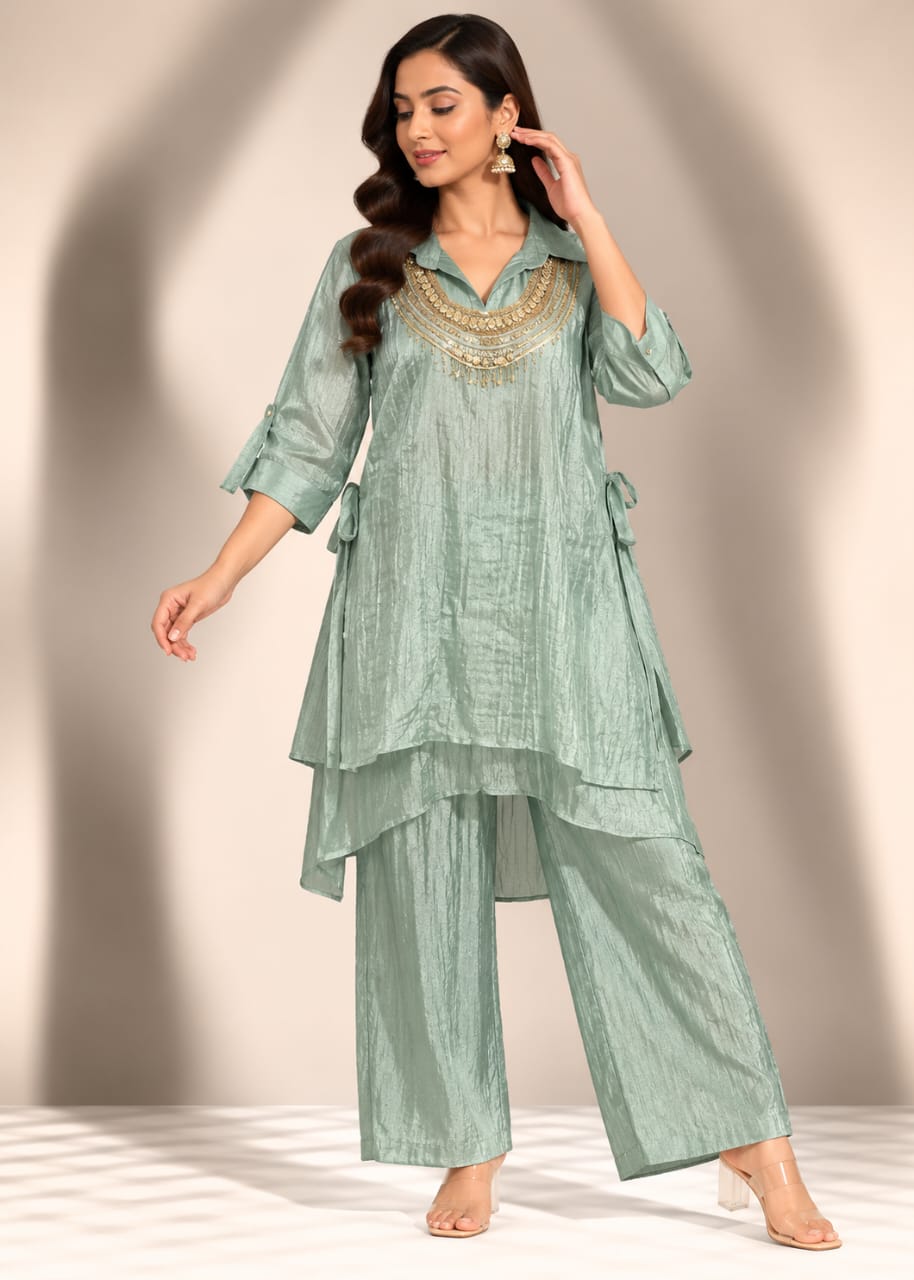 Sage Green Metallic Collared Tunic & Trouser Set with Ornate Gold Bead Yoke
