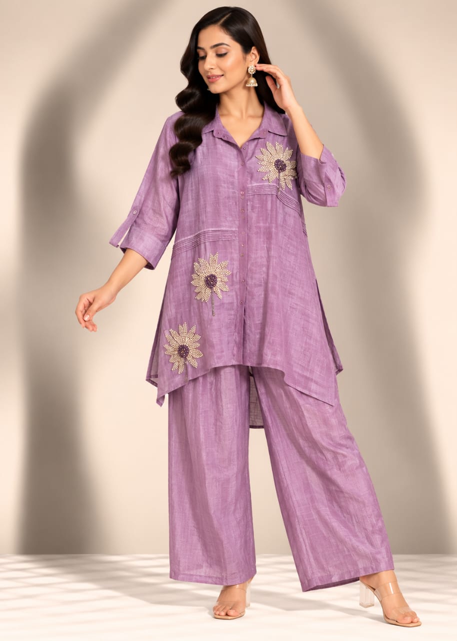 Lavender Collared Tunic & Trouser Set with Cascading Beaded Sunflower Motifs
