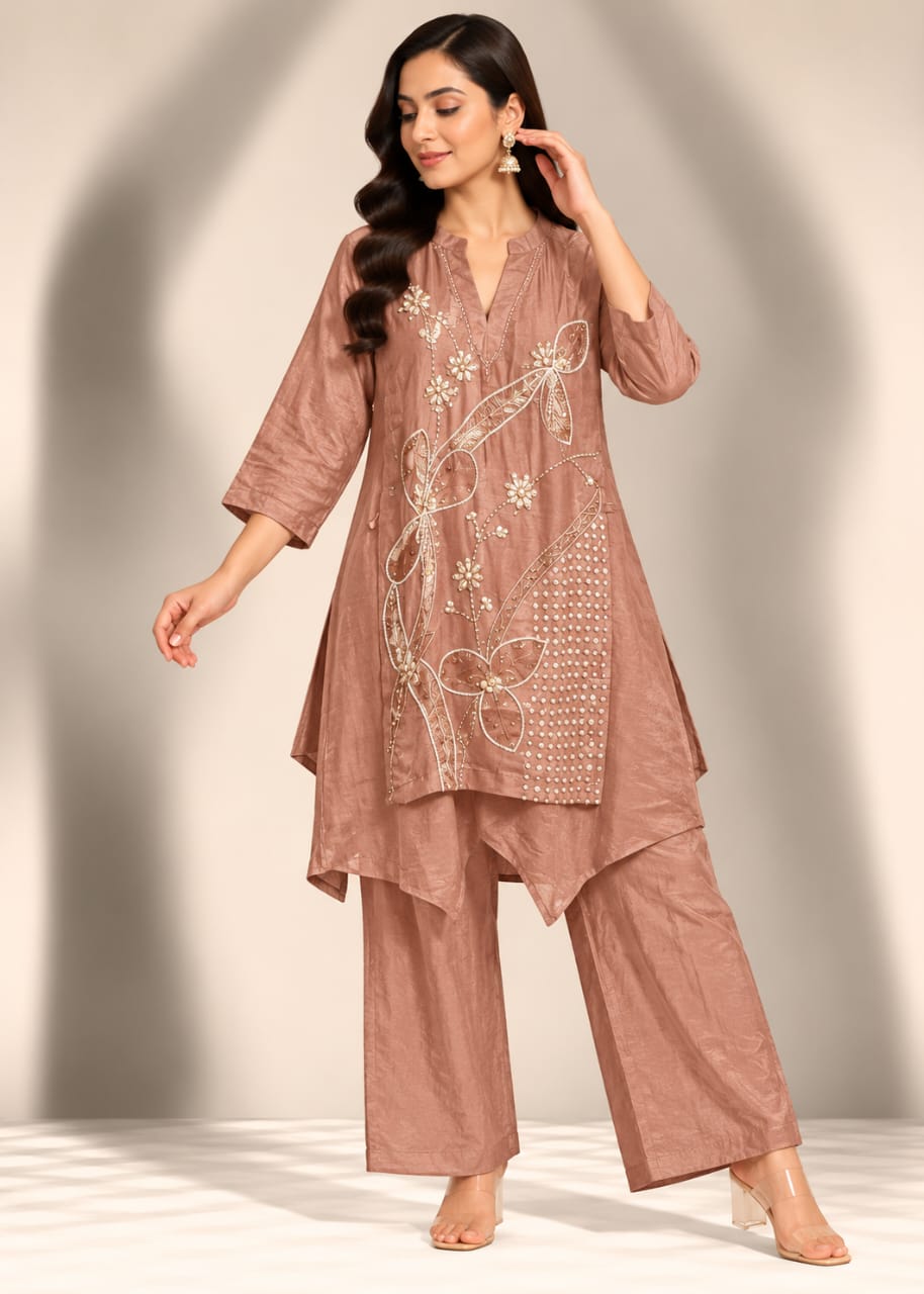Dusty Rose Pink Asymmetric Tunic & Trouser Set with Pearl Bead Embroidery