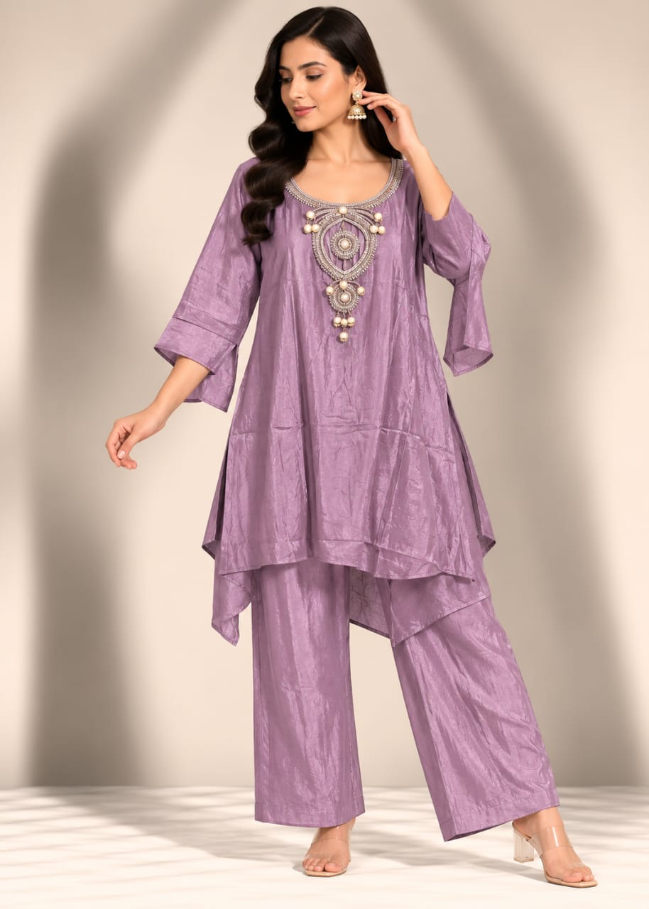 Lavender-Purple Layered Tunic & Trouser Set with Ornate Pearl-Bead Yoke