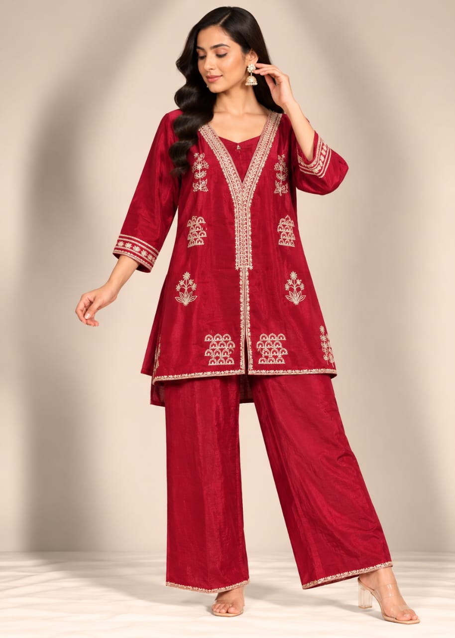 Crimson Red Embroidered Tunic &amp; Trouser Set with Scalloped V-Neckline