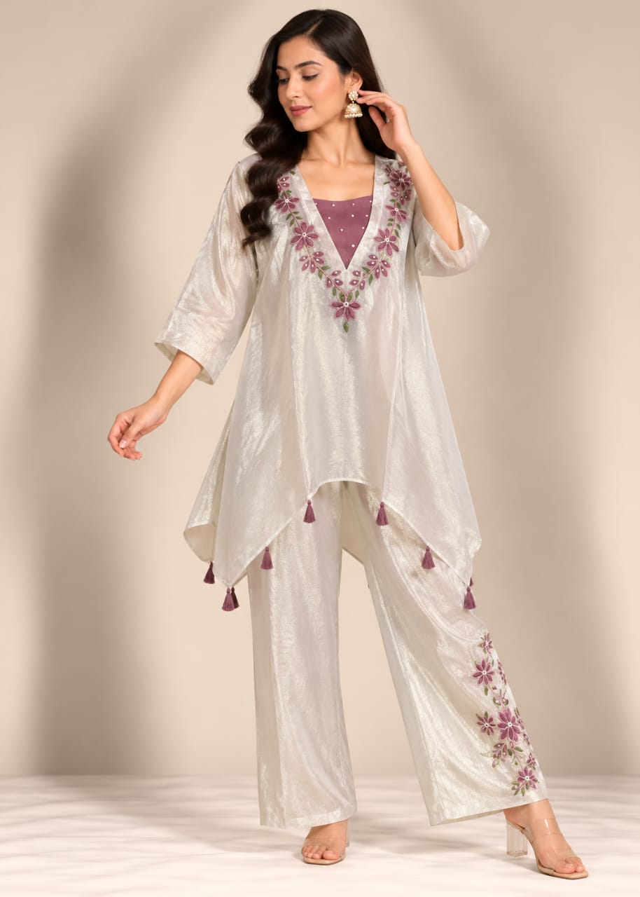 Silver-Grey & Mauve Layered Tunic & Trouser Set with Floral Embroidery