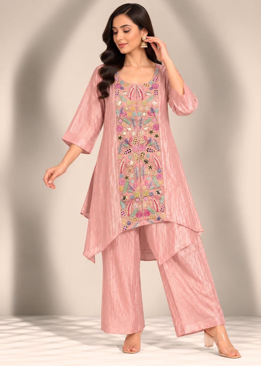 Dusty Pink Shimmer Asymmetric Tunic & Trouser Set with Embroidered Center Panel