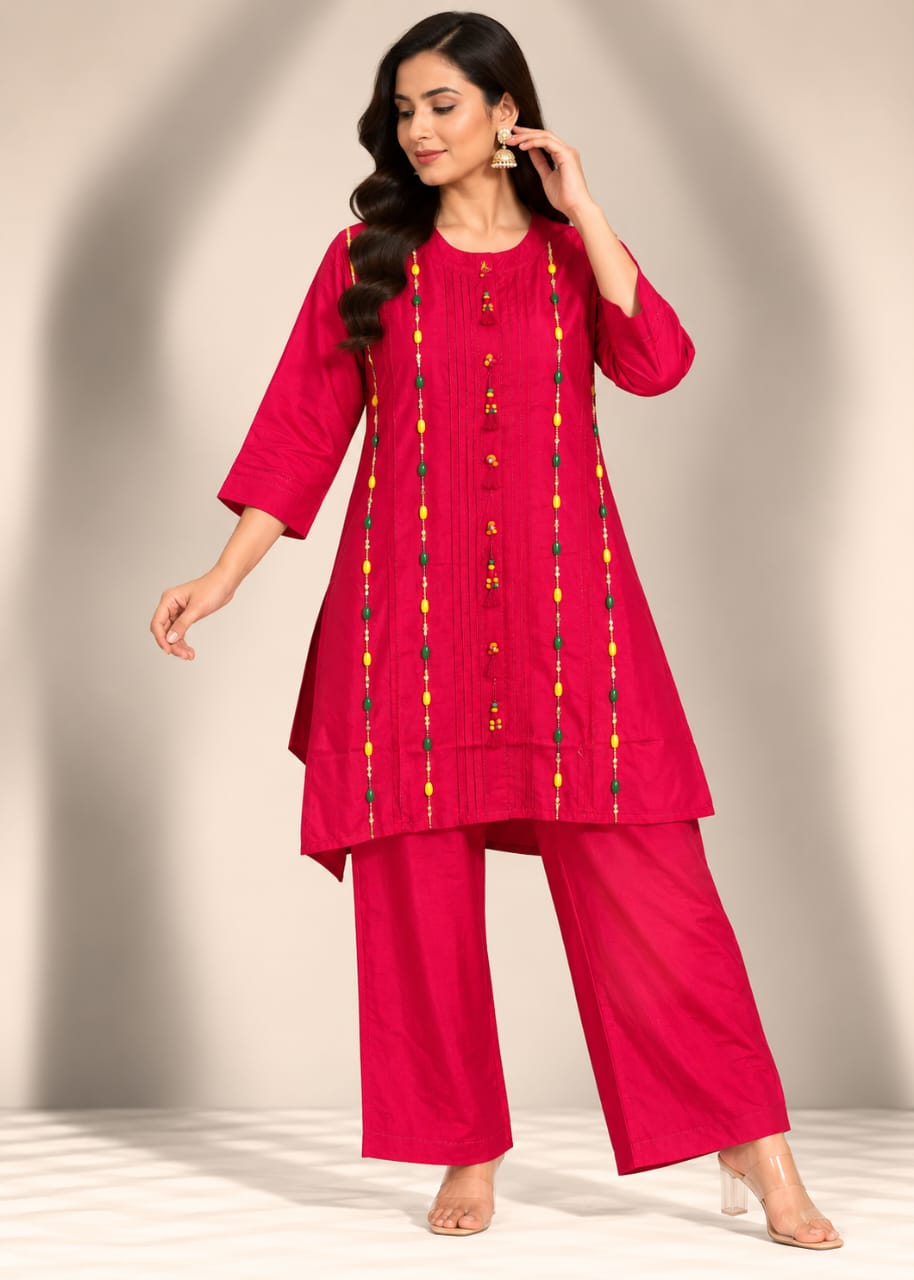 Crimson Red Bandhani-Print Collared Tunic & Trouser Set with Gold Zardozi Floral Motifs