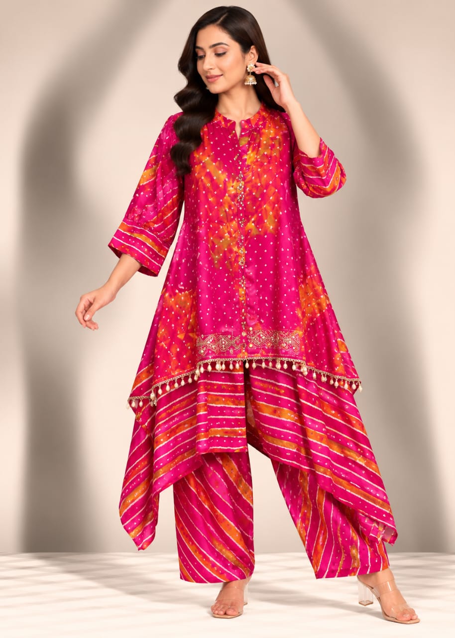 Vibrant Magenta & Orange Bandhani-Print Asymmetric Tunic & Trouser Set with Pearl Fringe Main image