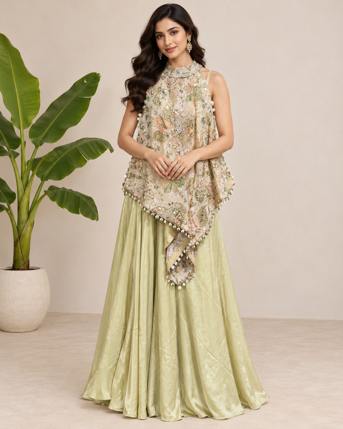 Embroidered Mint Green Halter Overlay Set